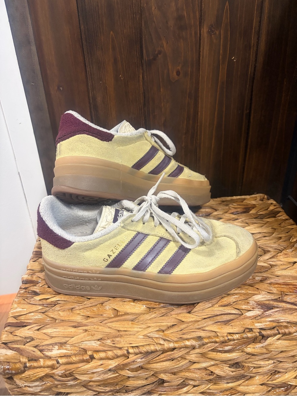 adidas Gazelle Platform Sneakers - Pale Green with Purple and Brown Accents